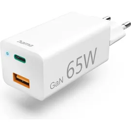 Hama Schnellladegerät, GaN, 1x USB-C, 1x USB-A, Mini-Ladegerät, PD, 65 W, weiß (00201643)
