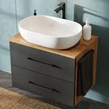 LUX Waschtischunterschrank 70 cm Gold Eiche / Anthrazit mit Aufsatzwaschbecken weiß