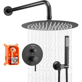 Vevor Duscharmatur Regenduschsystem fürs Badezimmer Duschsystem mit 254 mm runden Regenduschkopf & Handbrause, wandmontierte Badezimmerarmaturen mit Messingventil & Zierset, Mattschwarz