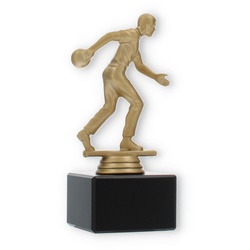 Pokal Kunststofffigur Bowlingspieler goldmetallic auf schwarzem Marmorsockel 16,0cm