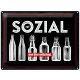 Femer GmbH Metallschild Spruch 30x40 cm Sozial ist wer Bier mitbringt schwarzes, (1 St), gewölbte Oberfläche, abgerundete Ecken, umgeschlagene Kanten