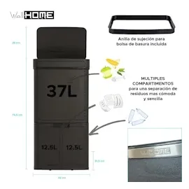 Wellhome WELL HOME Mülleimer 62 L (37 L + 25 L) Mülleimer mit 2 Fächern, automatische Öffnung mit Sensor, Edelstahl, Schwarz