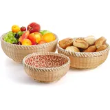 Elsjoy 3er-Set Runde Rattan Obstkörbe, Korb Geflochten Runder Rattan Servierkorb Weidenkorb für Obst, Gemüse, Kartoffeln, Stapelbar 24,5/21/ 18,5 cm