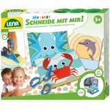 Lena 42632 My First Bastelset Schneide mit Mir Meerestiere, Komplettset mit Kunststoff Kinderschere, 26 lustige Tiere zum Ausschneiden und Ausmalen, Bastel Set und Malset für Kinder ab 3 Jahre, Mittel