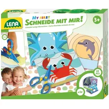 Lena 42632 My First Bastelset Schneide mit Mir Meerestiere, Komplettset mit Kunststoff Kinderschere, 26 lustige Tiere zum Ausschneiden und Ausmalen, Bastel Set und Malset für Kinder ab 3 Jahre, Mittel
