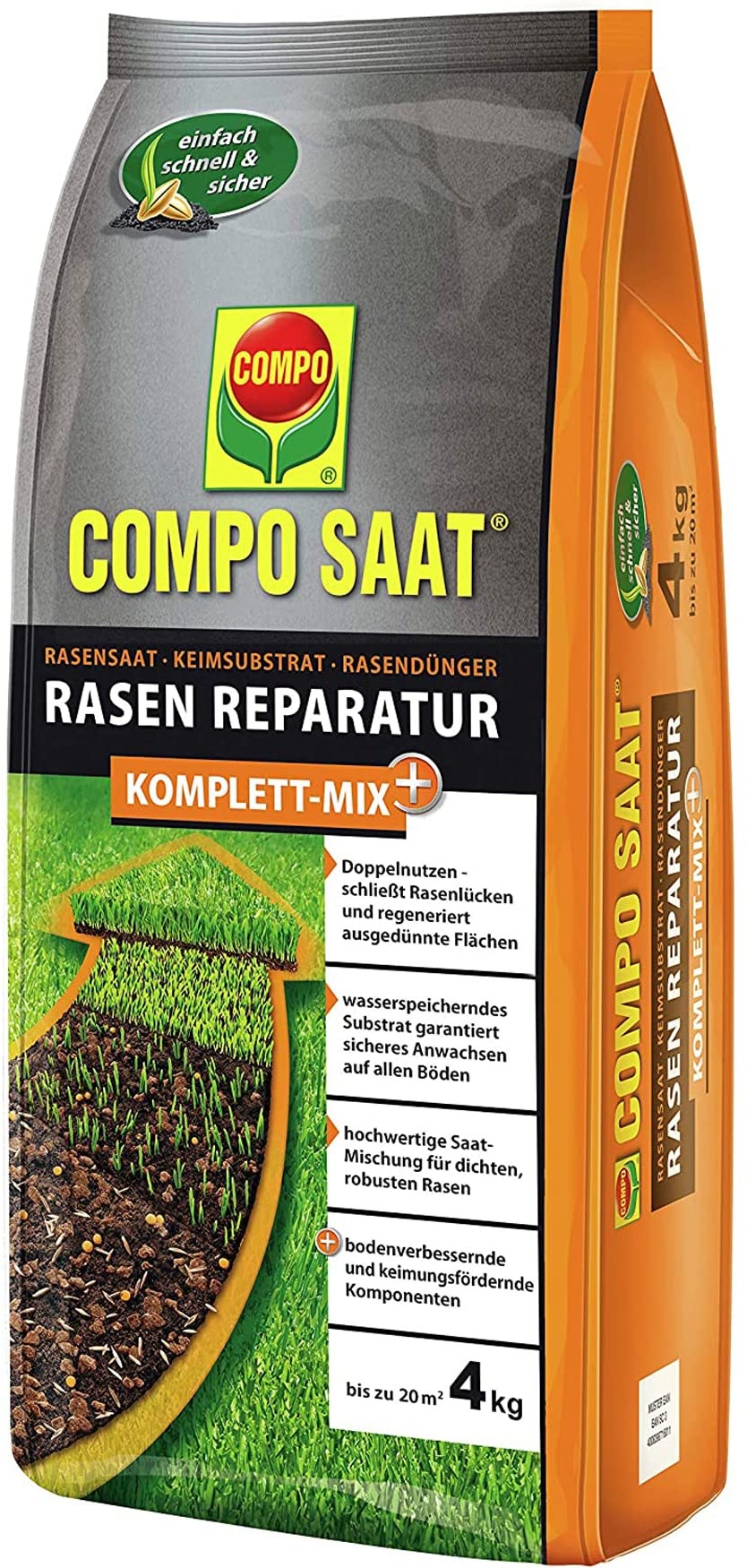 COMPO SAAT Rasen Reparatur Komplett-Mix+, Rasensamen, Keimsubstrat, Langzeit-Rasendünger und Bodenaktivator, 4 kg, 20 m2