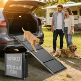 Hunderampe Auto Klappbar Alu Hundetreppe bis 100 kg Belastbar Einstiegshilfe für Hunde mit Rutschfestem Teppich Kofferraum Rampe Vierfach Faltbar für SUV Kombi und Hohe Betten 170 x 44 cm