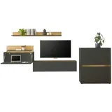 furn.design Wohnwand, Grau, Eiche Wotan, Holzwerkstoff, Nachbildung,Eiche, Uni, Holz Optik, 4 Fächer, 370x170x40 cm, Wohnzimmer, Wohnwände, Wohnwand-Sets