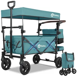 Sekey Bollerwagen Faltbar mit Dach 2 Kinder, Faltbarer Handwagen Schiebegriff, und 3-Punkt-Sicherheitsgurt, bis 150 kg Tragkraft, Blaugrün
