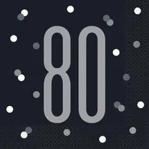 Unique Papierservietten - Zahl 80 - 16,5 cm - Glitzer Schwarz & Silber Geburtstag - 16er-Packung