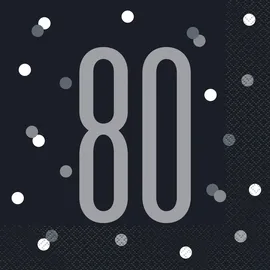 Unique Papierservietten - Zahl 80 - 16,5 cm - Glitzer Schwarz & Silber Geburtstag - 16er-Packung