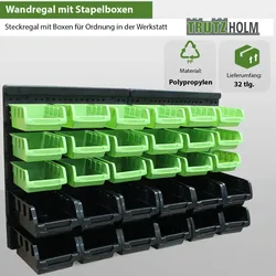 Baumarktplus 32tlg Stapelboxen mit Wandregal Set für Werkstatt Lager Schraubenbox Schütten zum Beschriften