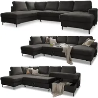 Cord Sofa U Form mit Schlaffunktion - Ecksofa mit Schlaffunktion und Bettkasten, Wohnlandschaft U Form, XXL Couch U Form, Big Sofa XXL, Eckcouch mit Schlaffunktion und Bettkasten, (Sofa Grau Links)