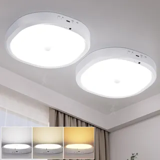 LED Deckenleuchte mit 10000mAh Akku Wiederaufladbar, 19cm Deckenlampe Dimmbar mit Bewegungsmelder, 3 Farbtemperaturen, Fernbedienung mit Timer, Lampe für Flur,Keller,Treppenhaus,Badezimmer, 2 P