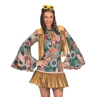 Retro Hippie Kostüm Breanna mit Fransen für Damen - 70er 80er Jahre Kleid Karneval Mottoparty (36-38, Mehrfarbig)