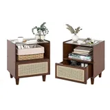 Costway Rattan-Beibetttisch, Set von 2, Bambus-Beibetttisch mit Schublade, Beibetttisch mit Glastischplatte und offenem Fach