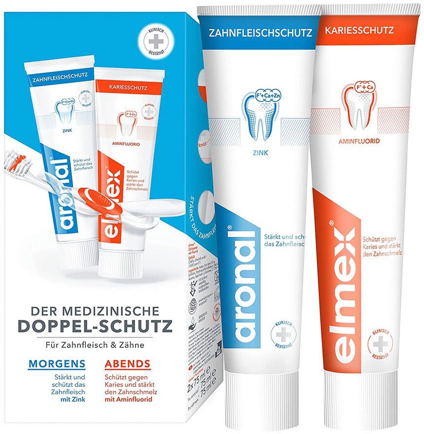 aronal und elmex Doppel-Schutz Zahncreme für Zahnfleisch Zähne Zahnpasta 2x75 ml 2x75 ml Zahnpasta