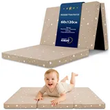 Klappmatratze Faltbare Reisebett Baby Matratze 60x120cm - Faltmatratze für Kinder Gästematratze klappbar Babymatratze Bodenmatratze Schlafmatratze und Reisematratze 60 x 120 cm Beige mit Weiß Sternen