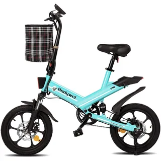 Bodywel T16 Mini E Bike 16 Zoll Elektrofahrrad 250W 36V/10.4AH Akku mit APP Funk Max 55km 4.5 Zoll LED Display Vollfederung für Herren Damen (Blau)