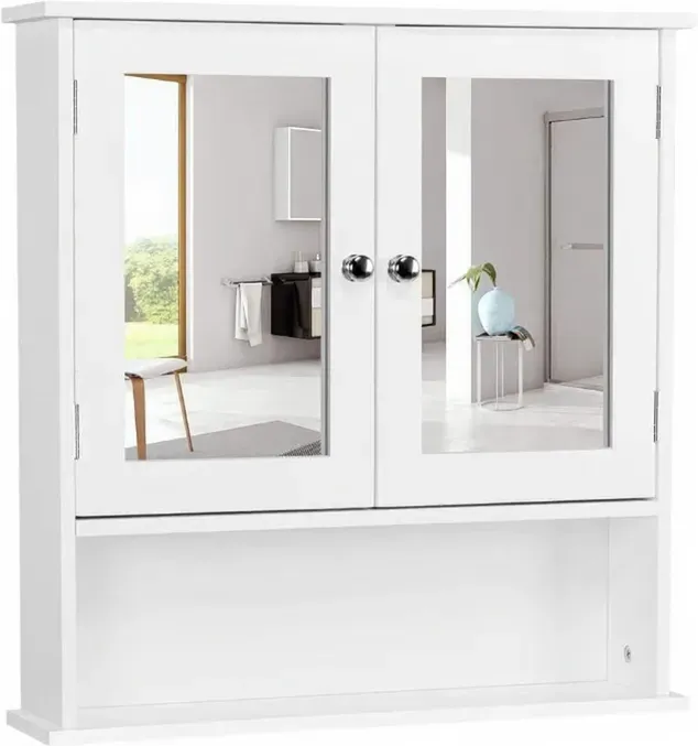 Yaheetech Spiegelkasten, Badezimmerschrank, Wandkasten mit Spiegeltür, Badezimmerspiegel mit Ablageböden, 56 cm x 13 cm x 58 cm, Weiß