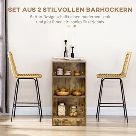 Homcom Barhocker 2er Set, Barstuhl mit Rattenoptik, Tresenhocker mit Rückenlehne, Küchenstühle integrierter Fußstütze, für Küche, Wohnzimmer, Esszimmer, Boho-Stil, Gelb