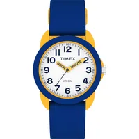Timex Time Machines Kinderuhr, 30 mm, blaues Silikonarmband, weißes Zifferblatt, gelbes Gehäuse TW2W92100