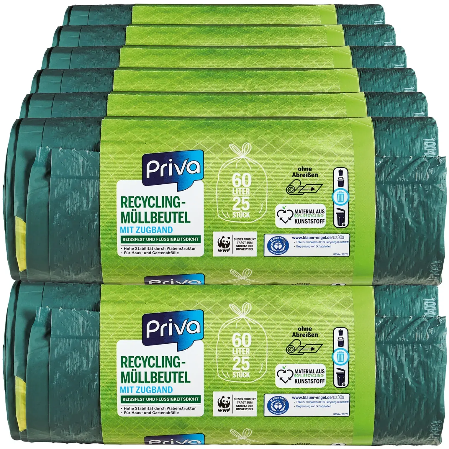 Priva Recycling-Müllbeutel mit Zugband 25 x 60 Liter, 12er Pack