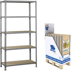 SimonRack Minipromobox mit 9 Einheiten von Maderclick Metallregalen ohne Schrauben. 5 Ebene. Farbe: grau/Holz. Abmessungen: 2000x1200x500 mm