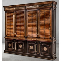 Casa Padrino Stauraumschrank Casa Padrino Luxus Vintage Stil Bücherschrank Braun / Naturfarben / Schwarz 282 x 47 x H. 247 cm – Massivholz Schrank – Regalschrank – Wohnzimmerschrank – Büroschrank – Luxus Massivholz Möbel