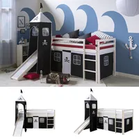 Hochbett 90x200 mit Rutsche Kinder Weiß Bett Stockbett Vorhang Turm Homestyle4u