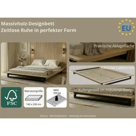OTTO home Futonbett OTTO HOME "Kobe, Massivholzbett aus Kiefer im Industrial Design, 200 KG belastbar", natur, schwarz, B:165cm H:18,5cm L:225cm, Betten, Futonbett, stabiles Kufengestell, rundum Ablagefläche, FSC, Made in Europe