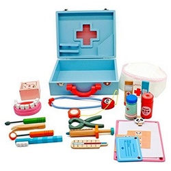 TikTakToo Spielzeug-Arztkoffer Doktorkoffer, Puppenzubehör, aus Holz mit didaktischem Spielzeug, (Spiel-set mit viel Zubehör), incl Zahnmodell, Klemmbrett, Salbentube uvm. blau|braun