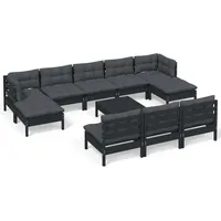 vidaXL 11-tlg. Garten-Lounge-Set mit Kissen Schwarz Kiefernholz