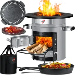 KESSER® Raketenofen Inkl. Grillpfanne aus Gusseisen mit Tragetasche, Dutch Oven BBQ Rakete Holzofen Camping Campingkocher Campinggrill, Edelstahl