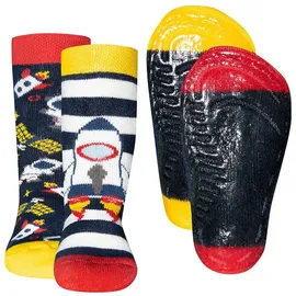 Ewers 2er-Pack Rakete Astronaut Stoppersocken SoftStep, Socken mit Antirutschsohle für Jungen, Anti-Rutsch-Socken mit Gummisohle, 2 Paar rutschfeste Kindersocken für Jungs, Größe 21-22