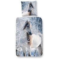 Bettwäsche Comfort Baumwolle, Traumschloss, Flanell, 2 teilig, weißes Pferd im Winter, Schimmel weiß