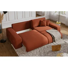 luma-home Cord Ecksofa Schlaffunktion ausziehbar Bettkasten Polsterecke L-Couch Terracotta & Braun/Orange