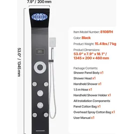 Vevor Duschpaneel-Turmsystem (6 in 1) mit Regenwasserfall-Duschkopf & LED, (1345 mm) Duschsäule aus gebürstetem Edelstahl, - Schwarz