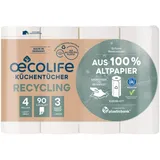 oecolife Küchentücher RECYCLING, 4 Rollen á 90 Blatt, Kurzblatt, Küchenrollen, nachhaltig, Haushaltsrollen, Allzwecktücher, Papiertücher, Papierhandtücher, Küchenpapier (4 Rollen)