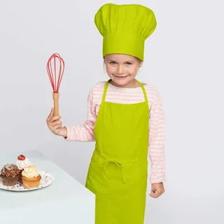 freitex Kinderschürze und/oder Kochmütze zum Kochen, Backen und Basteln. Einzeln oder im Set (Set mit Schürze und Mütze, Lime)