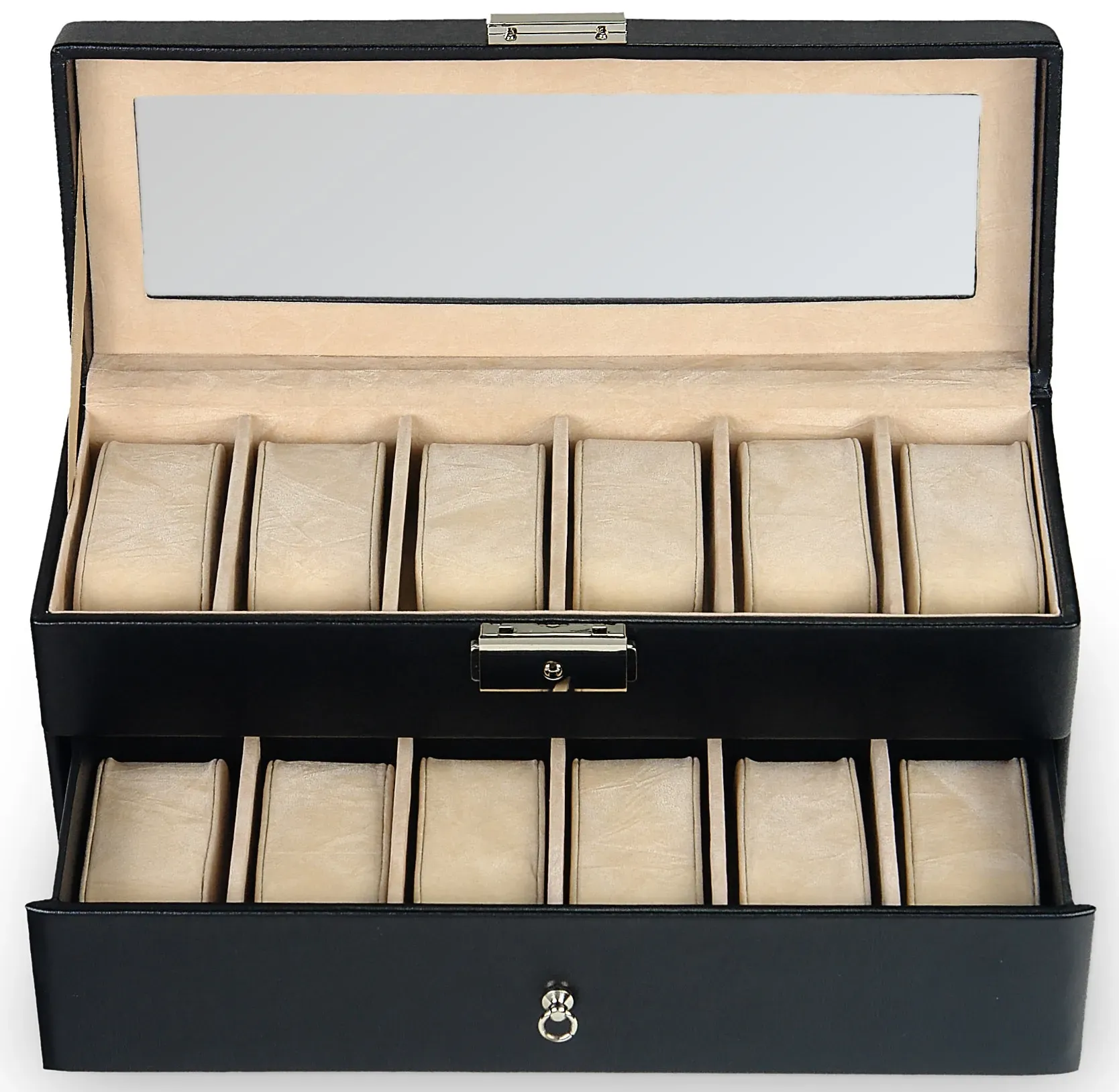 Uhrenetui SACHER Aufbewahrungsboxen Gr. B/H/T: 29,5 cm x 14 cm x 11 cm, schwarz (schwarz, beige) Damen Schmuckkästen Etuis Uhrenaufbewahrung, für 12 Uhren, Handmade in Germany