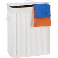 Relaxdays 2 x Wäschekorb Bambus mit 2 Fächern weiß