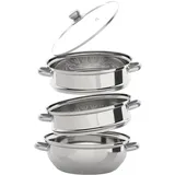 3 Lagiger Dampfgare, Dampfgarer aus Edelstahl mit Glasdeckel, 28cm Edelstahldampfer, Silber Dampfgarer für Gas, Elektro, Induktions und Halogenherde
