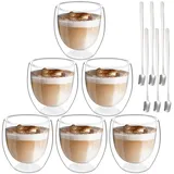 GBKDQQ 6 Stück Latte Macchiato Gläser Doppelwandig 250ml Espressotassen Set Doppelwandige Gläser mit 6 Löffeln Cappuccino Tassen Kaffeegläser Kaffeetassen Eiskaffee Glas Thermogläser Kaffeebecher