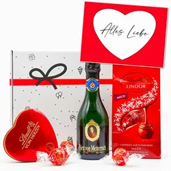 Geschenkbox-24 Geschenkset "von Herzen" | Geschenkkorb gefüllt mit Lindt Pralinen, Schokolade, Sekt & Grußkarte
