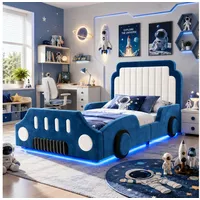 Flieks Autobett, Polsterbett Kinderbett 90x200cm mit Schutzgeländer und LED-Beleuchtung blau