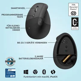 Logitech Lift Vertical Ergonomic Linkshänder graphite