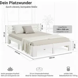 Homestyle4u Holzbett 180 x 200 cm mit Lattenrost Weiss Kiefer Massivholz - Weiß