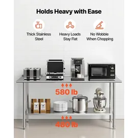 Vevor Edelstahltisch Gastro 1829 x 610 x 894 mm, Verstellbarer Edelstahltisch mit Aufkantung, Arbeitstisch mit Grundboden für Restaurant Schwerlast Obere Ablage (263 kg) Untere Ablage (218 kg)