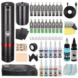 LIUMATE Kabellose Maschine Set Drahtlos Stift Maschine mit 2 Stück 1500mAh Batterie 20 Patronen Nadel 11 Tinte Komplettes Zubehör für Anfänger und Künstler